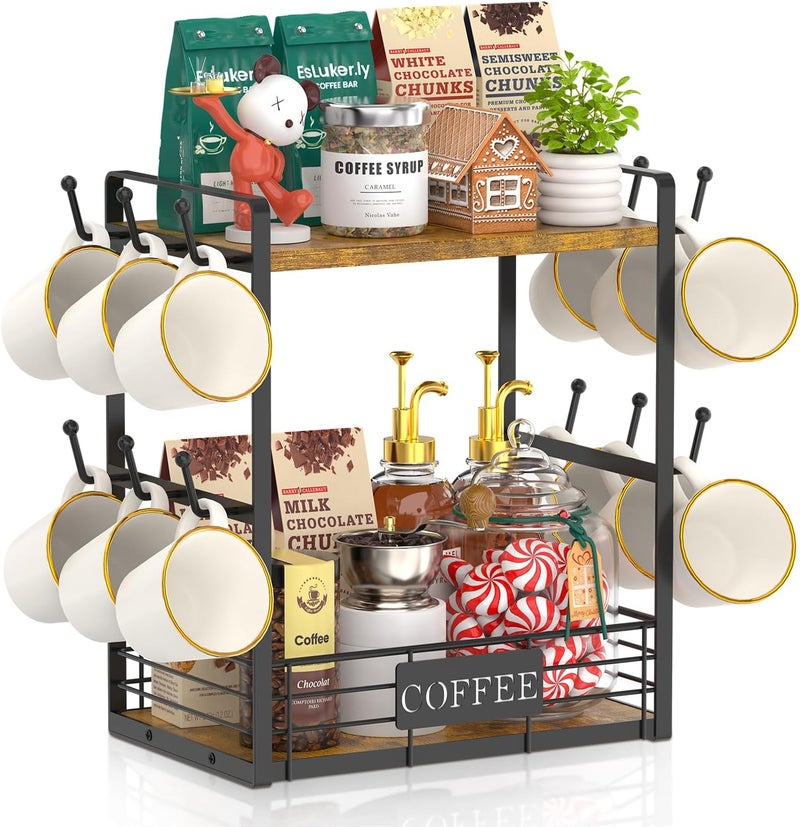 EsLuker.ly Coffee Mug Cup Holder Tree Bar Station Organizer, 2 Tier Mug Stand Rack for Countertop Kitchen, Storage Tower Display Shelf with 12 Hooks, Coffee Nook Enhancer, Vintage Brown Black - Image 1